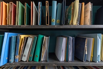 Obraz premium This image shows colorful folders and binders neatly organized on shelves, ideal for office storage and document management purposes in an organized workspace.