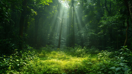Obraz premium Rays of the sun breaking through the foliage of a beautiful forest. Beautiful background of nature