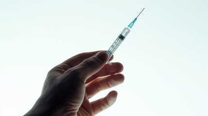 Human hand holding syringe, white background.