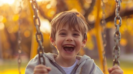 A young boy on a swing set, laughing and enjoying a sunny autumn day