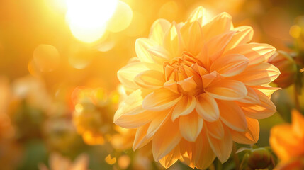 Fototapeta premium A warm yellow flower is bathed in sunlight, creating a glowing, dreamy ambiance. Blurred lights and soft colors fill the background.