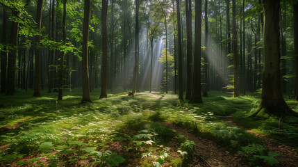 Fototapeta premium Rays of the sun breaking through the foliage of a beautiful forest. Beautiful background of nature