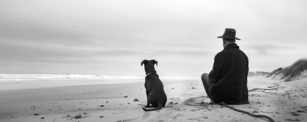 Man sitting on beach with dog in black and white, contemplative moment. Tranquility and companionship concept