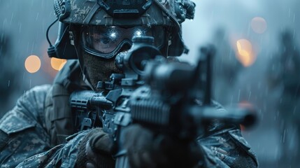 Fototapeta premium A soldier in tactical gear aims his rifle intensely in the rain during an active battlefield scenario, exemplifying focus and resolve in adverse combat conditions.