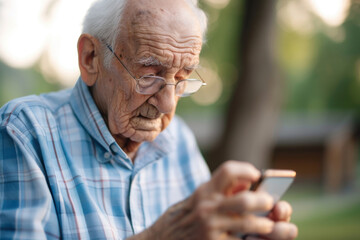 Elderly man using a smartphone, focusing intently at park