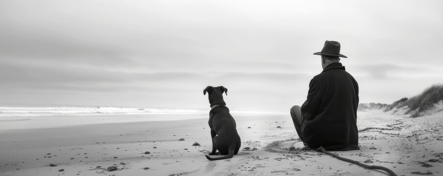 Man sitting on beach with dog in black and white, contemplative moment. Tranquility and companionship concept