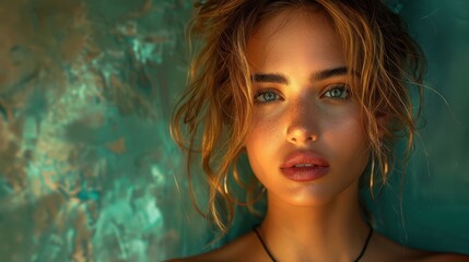 This vibrant image showcases a close-up portrait of a young woman with tousled hair, illuminated in soft, natural light, creating a serene and ethereal atmosphere, painted background.