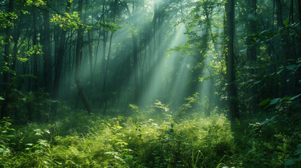 Rays of the sun breaking through the foliage of a beautiful forest. Beautiful background of nature