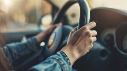 A close-up of a hand on the steering wheel of a car