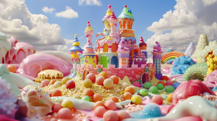 A colorful candy castle with towers and arches stands in a fantasy landscape filled with gumdrops, sugary hills, and a bright rainbow in the sky.