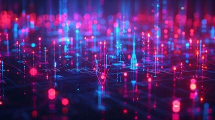 Obraz premium 3D illustration of a virtual cityscape where people are linked by neon lines and nodes, representing online social connections and digital communication