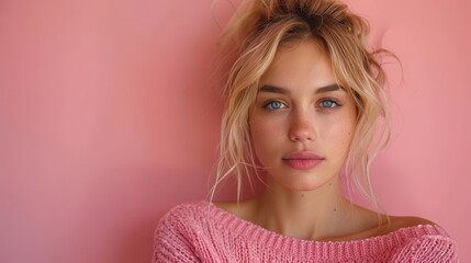 A close-up portrait of a blonde woman with blue eyes, dressed in a pink sweater, standing against a pink background. Her relaxed expression adds to the composition's overall elegance.