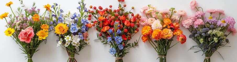 Obraz premium Bouquets of spring flowers on background, top view, in high quality