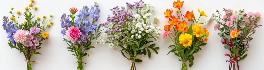 Fototapeta premium Bouquets of spring flowers on white background, top view, in high resolution