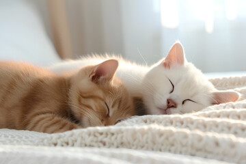Two cute cats sleeping on the bed, a white and orange cat with soft fur