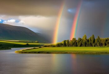 Two rainbows in nature, mountains, forest