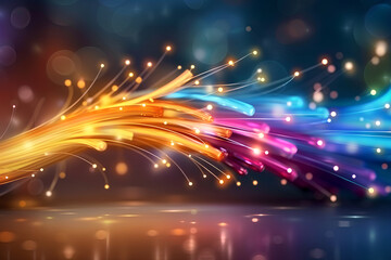 Fiber optic cables glowing with vibrant colors on dark background.