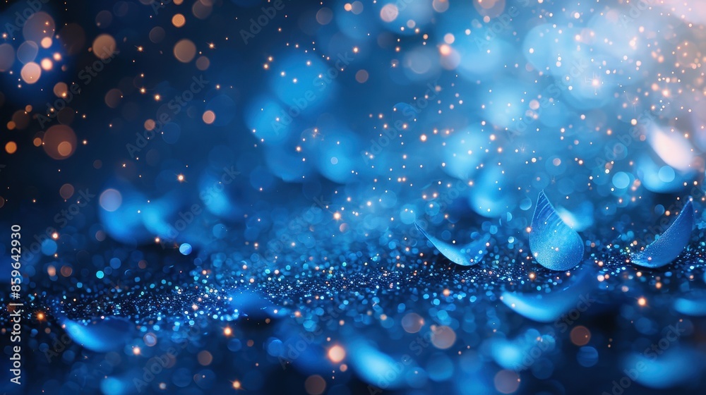 Wall mural an ethereal display of blue sparkling particles intermingled with delicate falling petals, set again