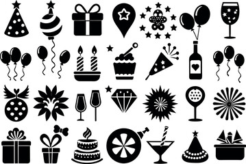 Holiday & Celebration related concept such as Fireworks, balloons, party hats & many more editable stroke outline icons isolated on white background flat vector illustration