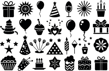 Holiday & Celebration related concept such as Fireworks, balloons, party hats & many more editable stroke outline icons isolated on white background flat vector illustration