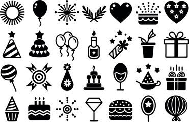 Naklejka premium Holiday & Celebration related concept such as Fireworks, balloons, party hats & many more editable stroke outline icons isolated on white background flat vector illustration