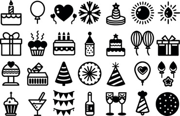 Holiday & Celebration related concept such as Fireworks, balloons, party hats & many more editable stroke outline icons isolated on white background flat vector illustration
