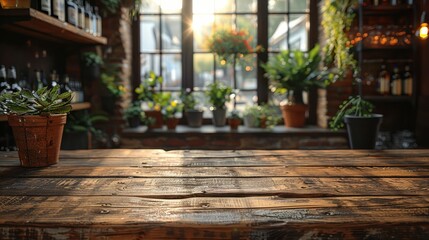 Fototapeta premium A cozy interior of a wooden bar with several potted plants and bottles on shelves, featuring dim lighting and a large window letting in soft, natural sunlight.