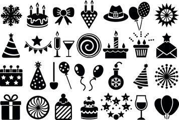 Holiday & Celebration related concept such as Fireworks, balloons, party hats & many more editable stroke outline icons isolated on white background flat vector illustration