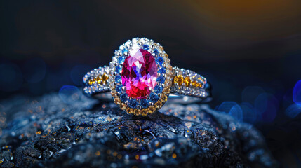 A large pink gemstone is set in a ring, surrounded by smaller blue and yellow stones, all resting on a textured, sparkly surface with blurred lights.