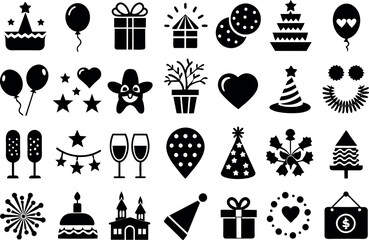 Holiday & Celebration related concept such as Fireworks, balloons, party hats & many more editable stroke outline icons isolated on white background flat vector illustration