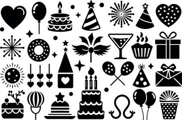 Holiday & Celebration related concept such as Fireworks, balloons, party hats & many more editable stroke outline icons isolated on white background flat vector illustration