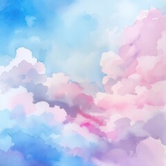 Soft and dreamy watercolor sky with blue and pink clouds, creating a peaceful and serene atmosphere.