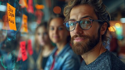 Three individuals engage in a brainstorming session, using colorful sticky notes on a glass wall covered in diagrams and plans, suggesting dynamic teamwork and creative collaboration.