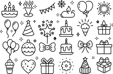 Holiday & Celebration related concept such as Fireworks, balloons, party hats & many more editable stroke outline icons isolated on white background flat vector illustration