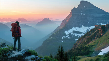 A person with a red backpack is standing on a cliff, looking at a vast, snowy mountain landscape during sunrise.