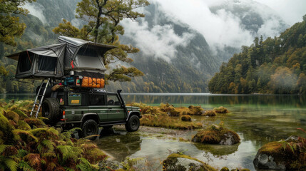 Overlanding Setup in Scenic Natural Environment. An overlanding vehicle with a rooftop tent set up beside a tranquil lake, surrounded by lush mountains and greenery, capturing the essence of adventure