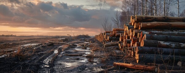 Piles of freshly cut logs in a muddy forest clearing during sunset, showcasing deforestation and natural resource exploitation
