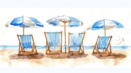 Watercolor painting of beach scene with four wooden chairs and blue umbrellas, perfect for summer vacation themes and coastal decor.