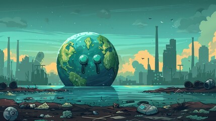 Futuristic dystopian artwork showing a surreal globe in a polluted industrial landscape with factories and wasteland.