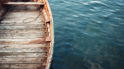A weathered wooden boat rests on a tranquil lake, ready for its next journey