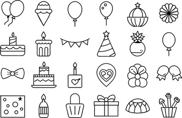 Holiday & Celebration related concept such as Fireworks, balloons, party hats & many more editable stroke outline icons isolated on white background flat vector illustration