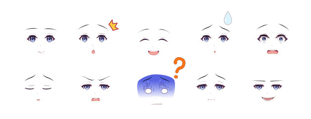 Obraz premium Anime manga boy expressions eyes set. Japanese cartoon style