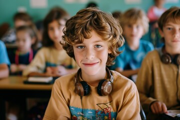 Fototapeta premium A boy with brown hair and a brown shirt is smiling at the camera