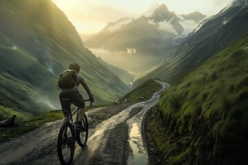 Fototapeta premium A man is riding a bike down a mountain road