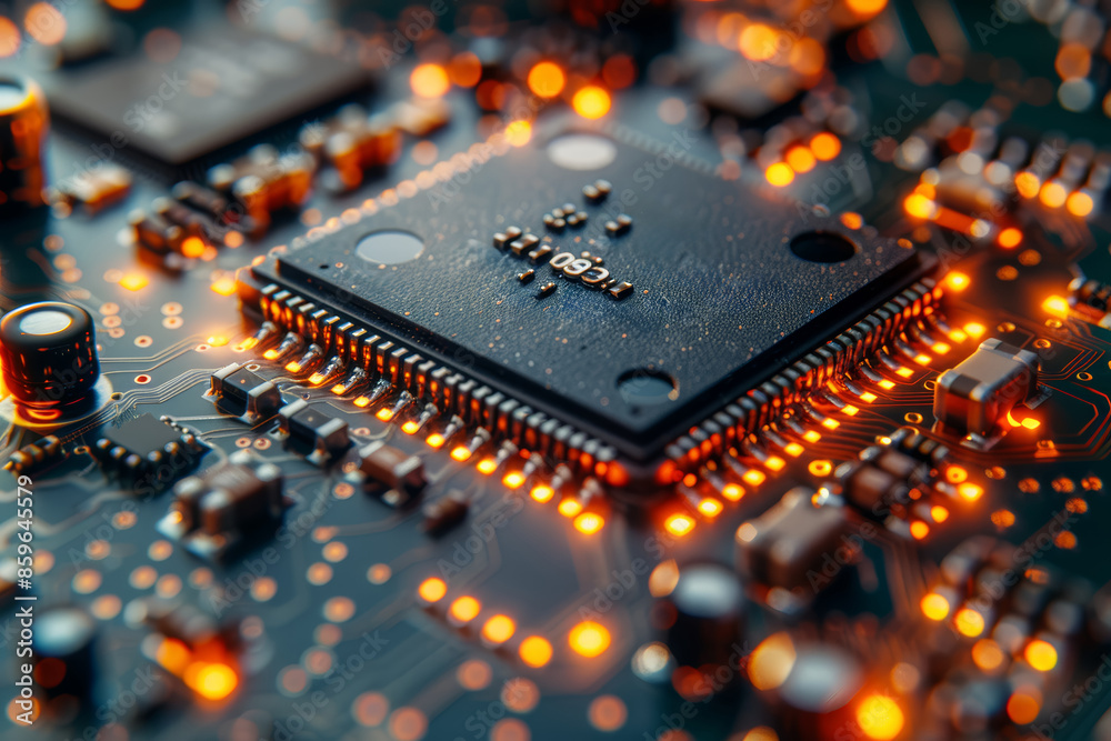Poster a microchip with intricate circuits, showcasing technological advancement. concept of computing and 