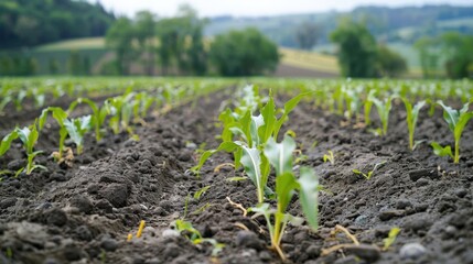 A field of green plants with a few small plants in the foreground