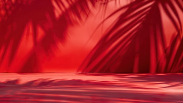 Vibrant red background with tropical palm leaf shadows, creating a warm and exotic ambiance perfect for summer-themed designs. - Powered by Adobe