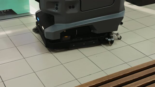 Automatic floor cleaning machine in action in a commercial space, ensuring efficiency and hygiene with innovative technology