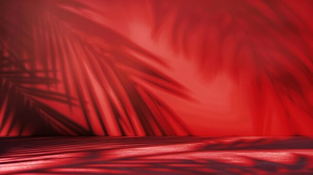 Abstract red background with palm leaf shadows. Vibrant and creative tropical scene, perfect for design projects and artistic uses.