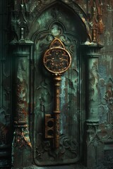 Golden key in an old gothic doorway for fantasy and historical designs